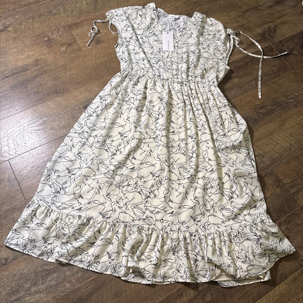 AnnieWear Women’s XL Midi Dress NWT Ivory Black Floral Tie Sleeve Ruffle Hem
